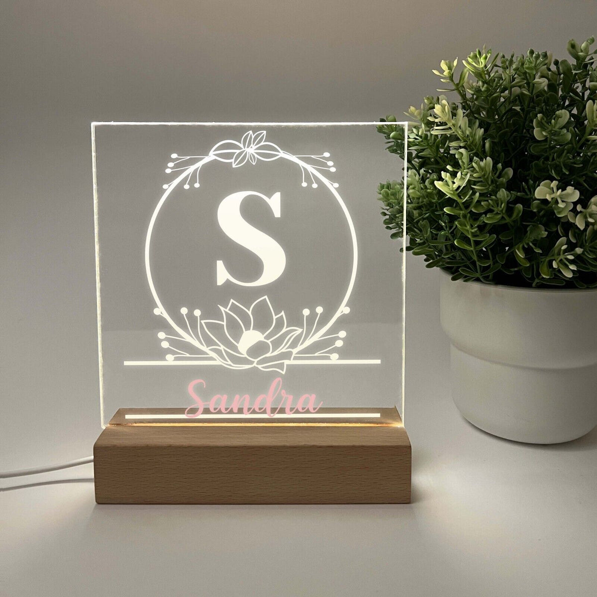Name Initial Stand Personalized LED Light Up Wood Stand Girls Monogram Initial Name Plate ...
