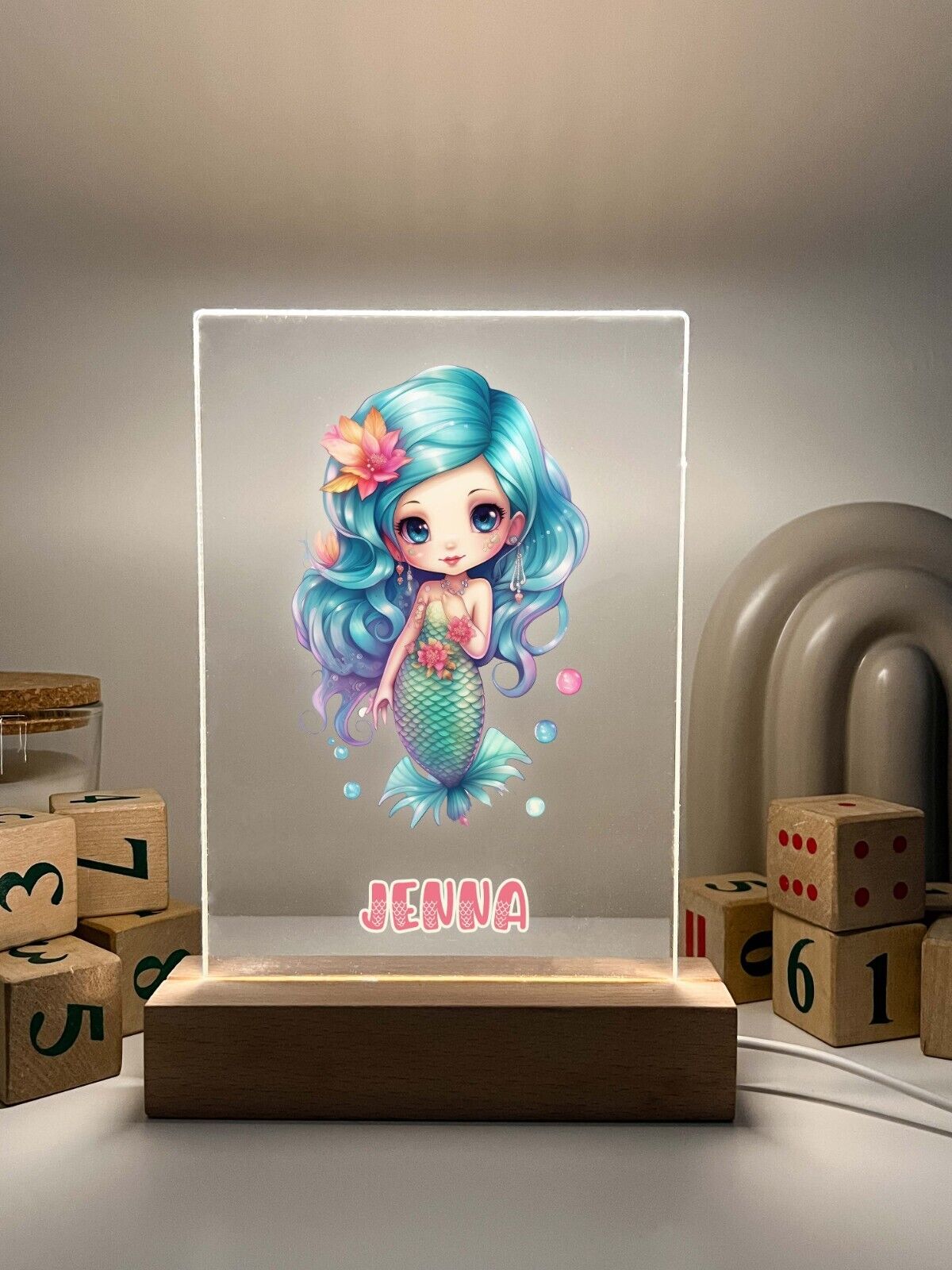 Personalized LED Light Up Wood Stand Mermaid Magical Princess Girls Gift