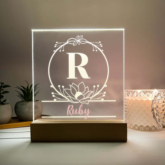 Personalized LED Light Up Wood Stand Girls Monogram Initial Name Plate Gift