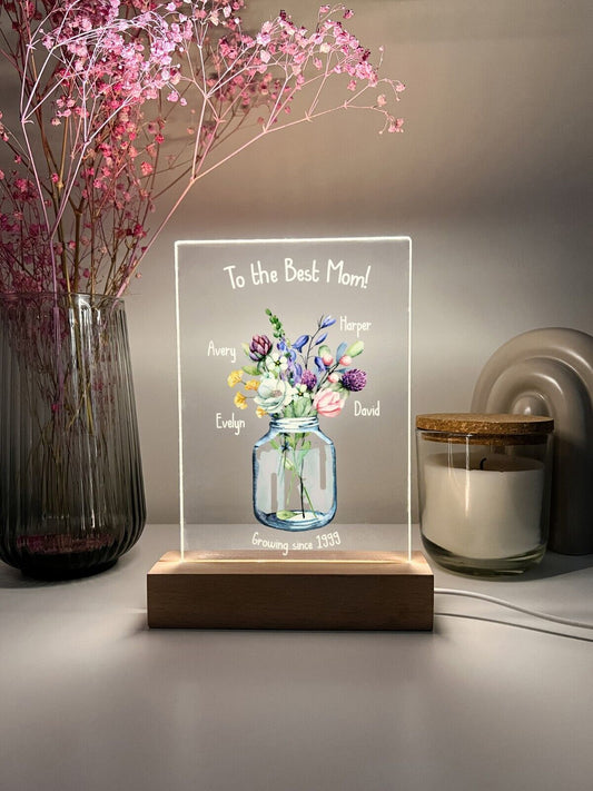 Personalized LED Light Up Flower Jar Stand Mom Mother Day Children Home Gift