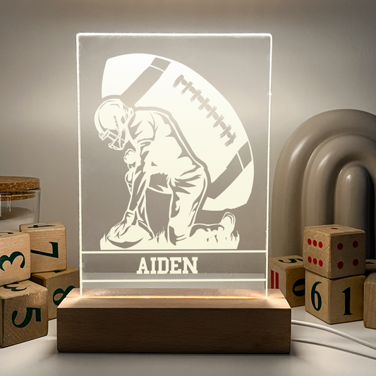 Personalized LED Light Up Desk Lamp Wooden Stand Football Athlete Warner Gift