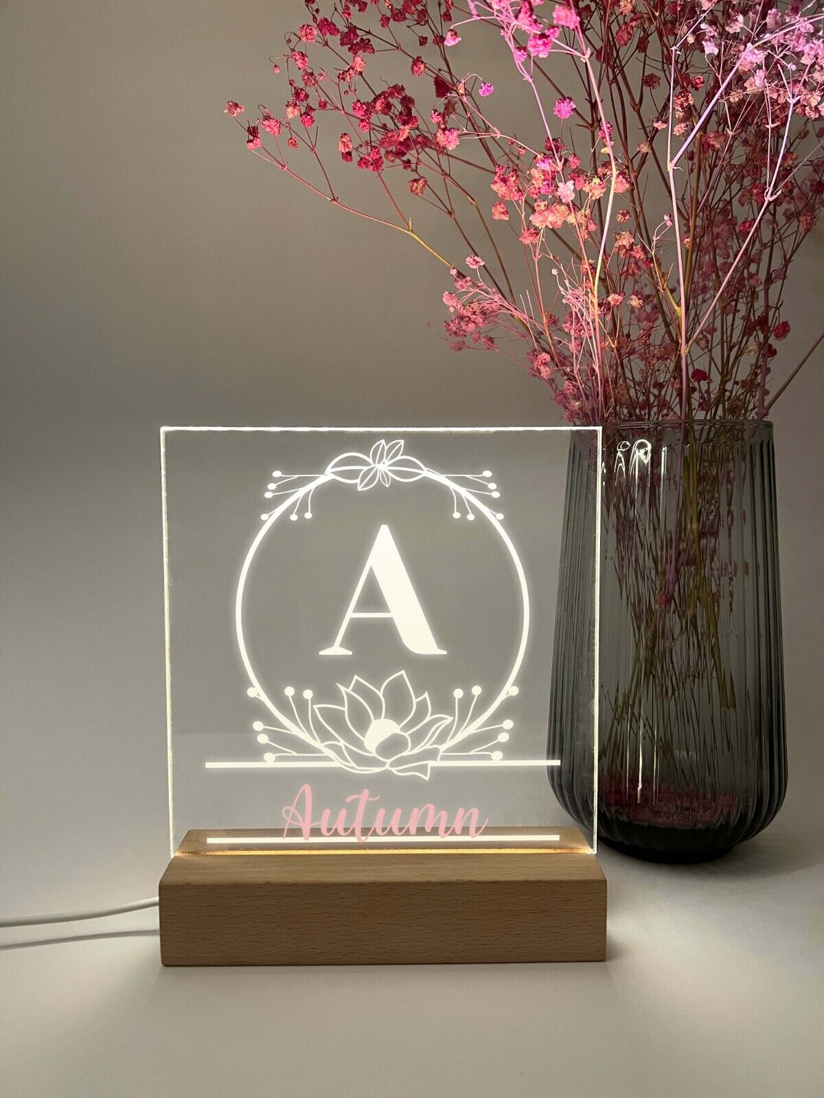 Name Initial Stand Personalized LED Light Up Wood Stand Girls Monogram Initial Name Plate ...