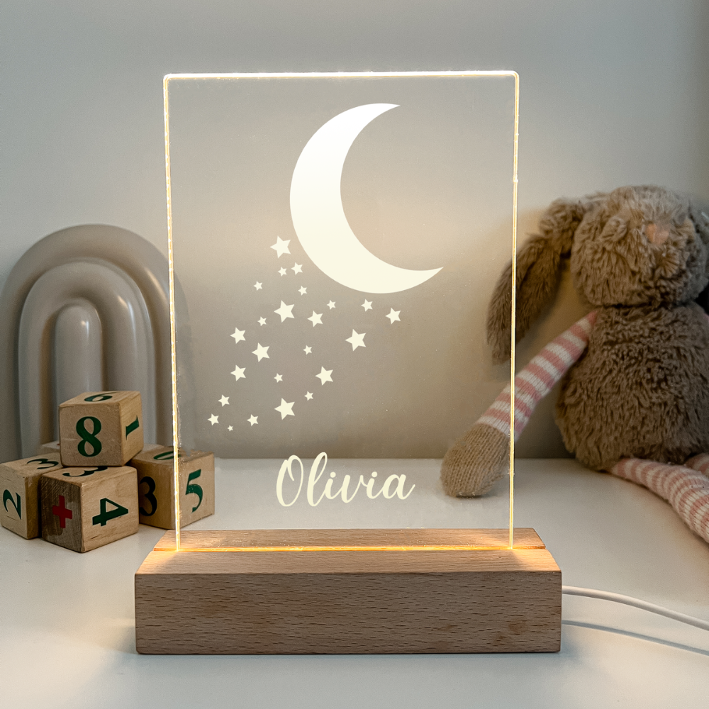 Personalized Moon and Stars LED light up WOOD stand With Remote Room Décor Gift