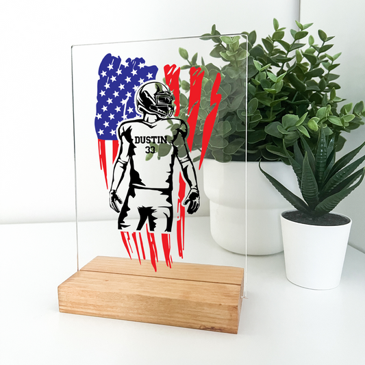 Personalized Custom Engraved Desk  Wood Stand USA Football Athlete Warner Gift