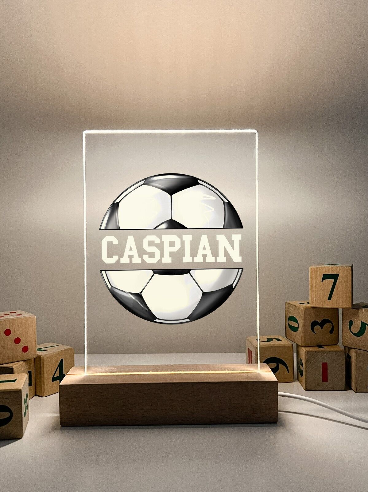 Personalized Name Wood Base Soccerball Night Light Up LED Sports Soccer Ball Fan