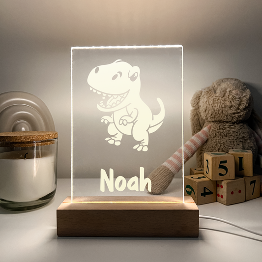 Personalized LED 16 Color Light Up  Wood Lamp Stand Boys Dino Jurassic Animal