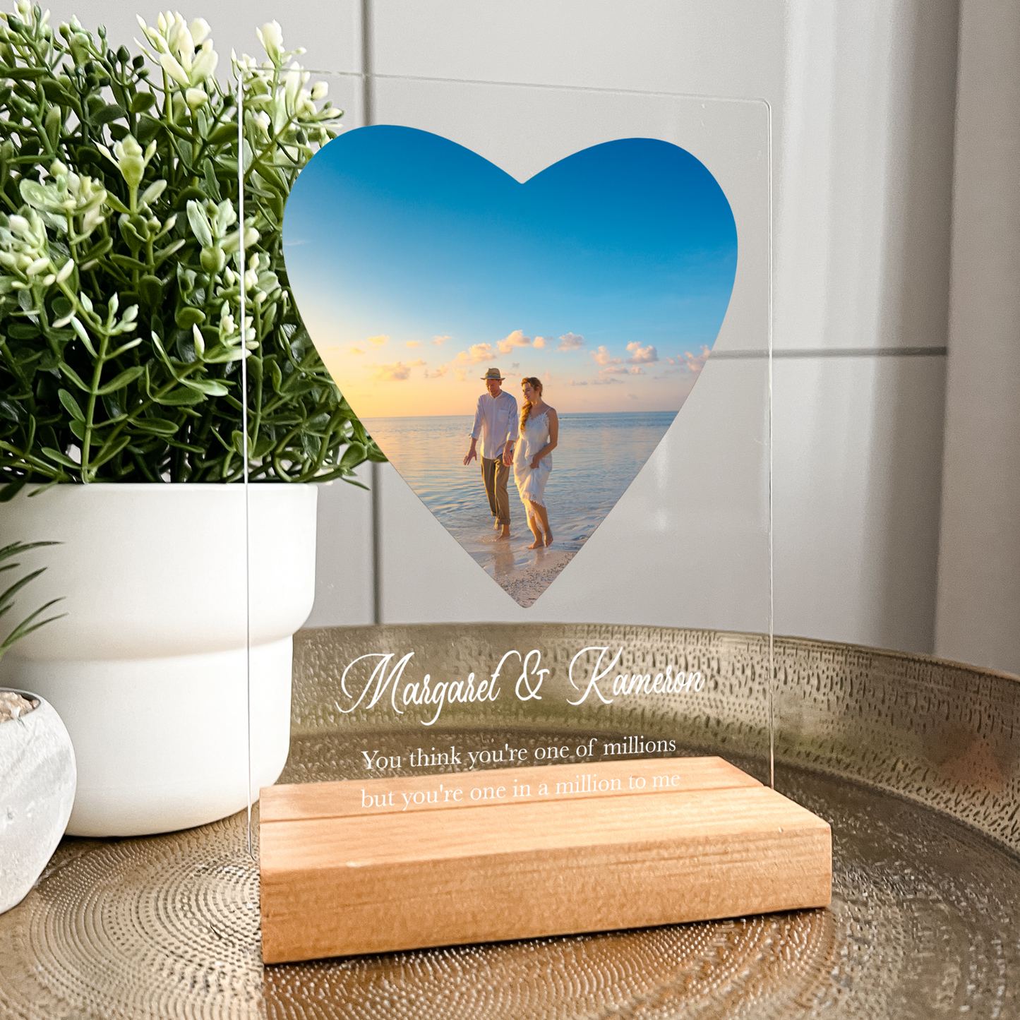 Personalized Heart Shape Photo Frame With Wood Base, Shower, Wedding, Her Gifts