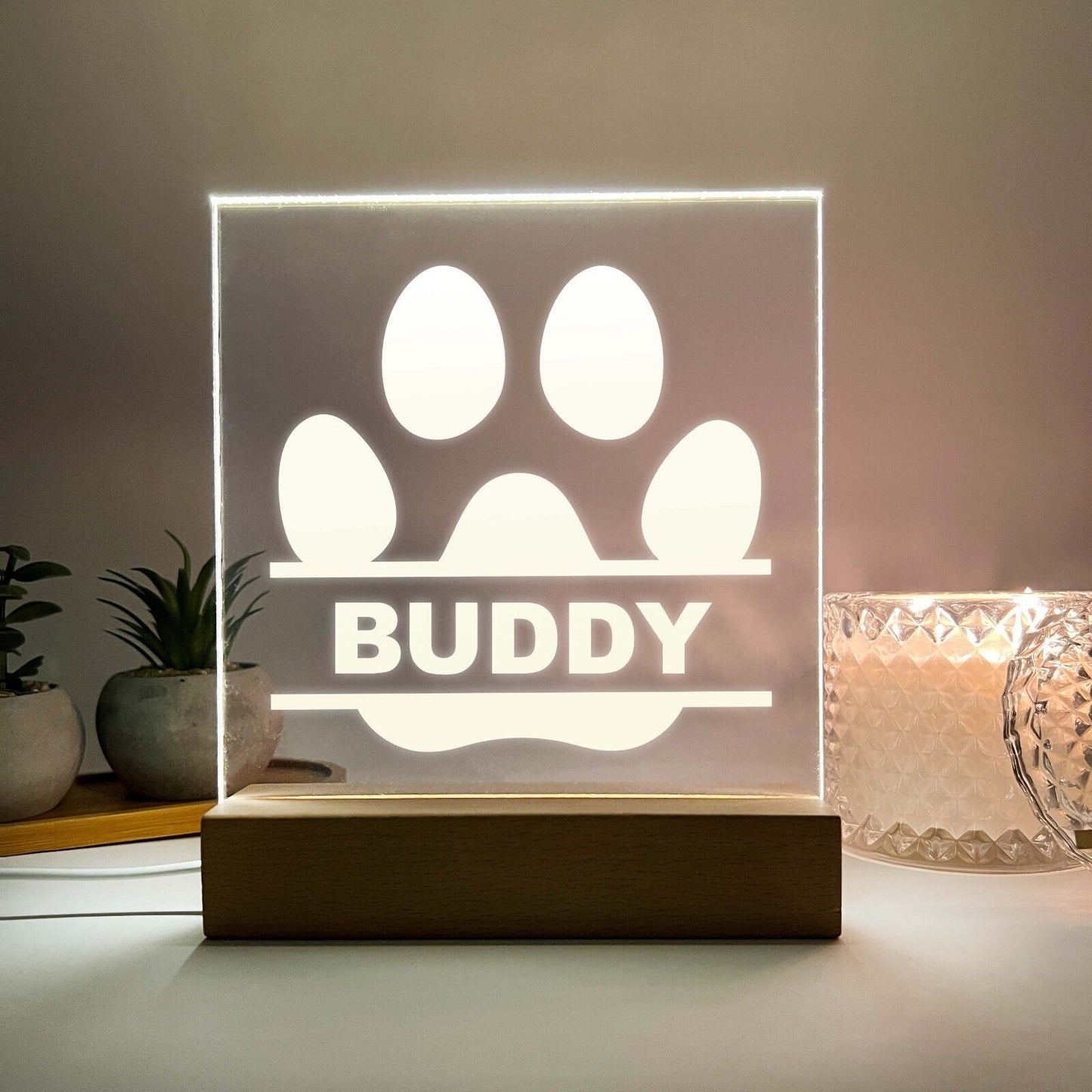 Personalized LED Light Up Wood Stand Pet Dogs Puppy Paw Print Gift