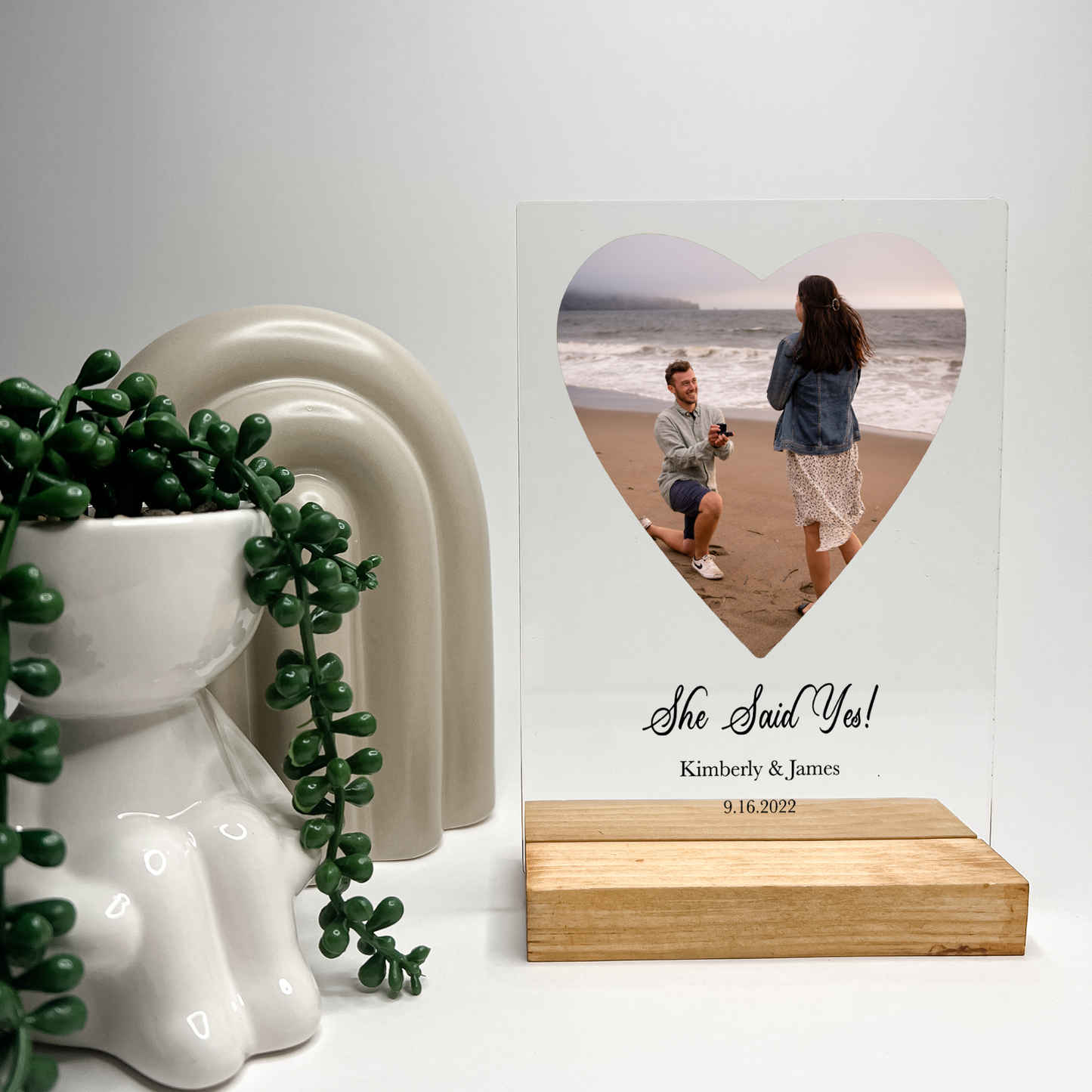 Personalized Heart Shape Photo Frame With Wood Base, Shower, Wedding, Her Gifts