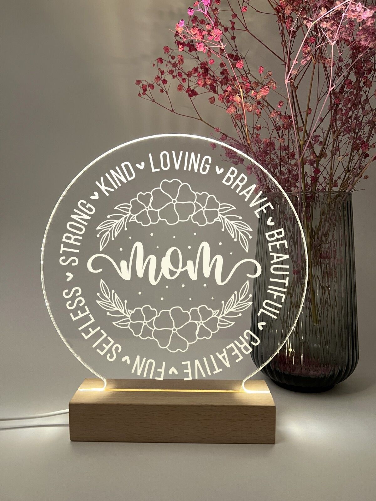 Personalized LED Wood Base Night Light Up Lamp Stand Mom Mother Stepmom Birthday