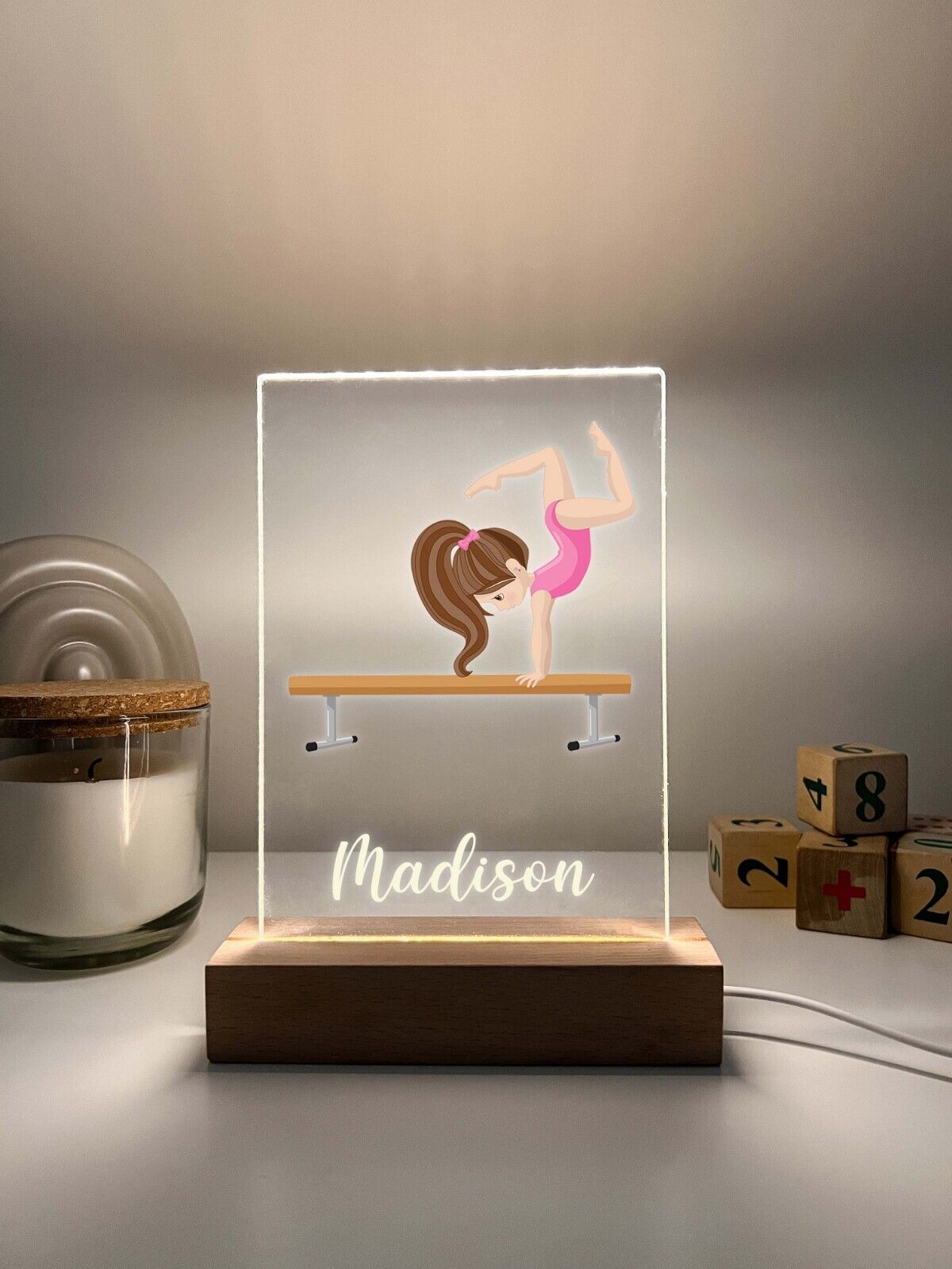 Personalized LED Light Up Desk Lamp Wood Base Stand Girls Gymnast Sports Gift