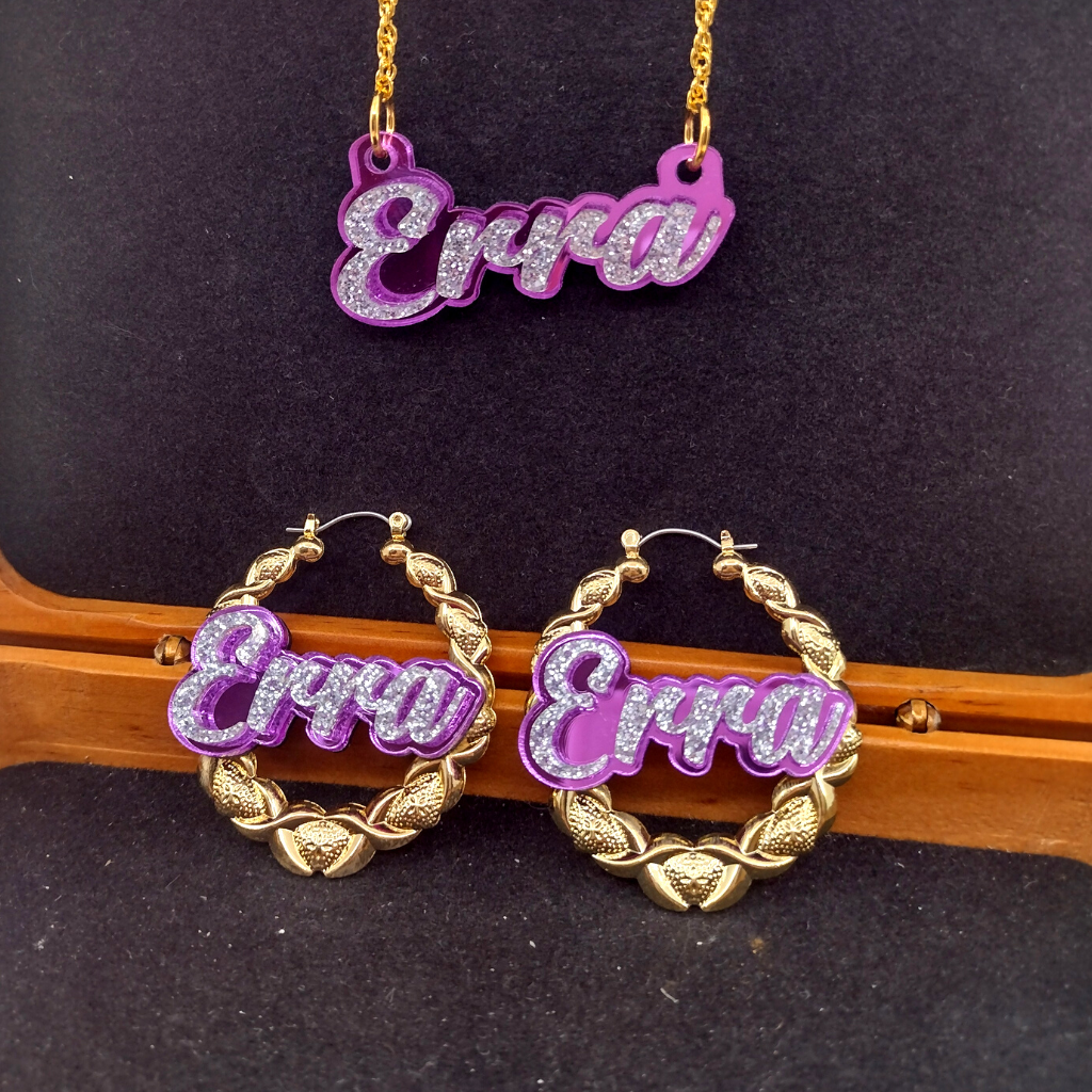 Custom Gold XOXO Hoop Earrings and a Name Necklace, Personalized Name and Background Color, Hand-made Jewelry Set