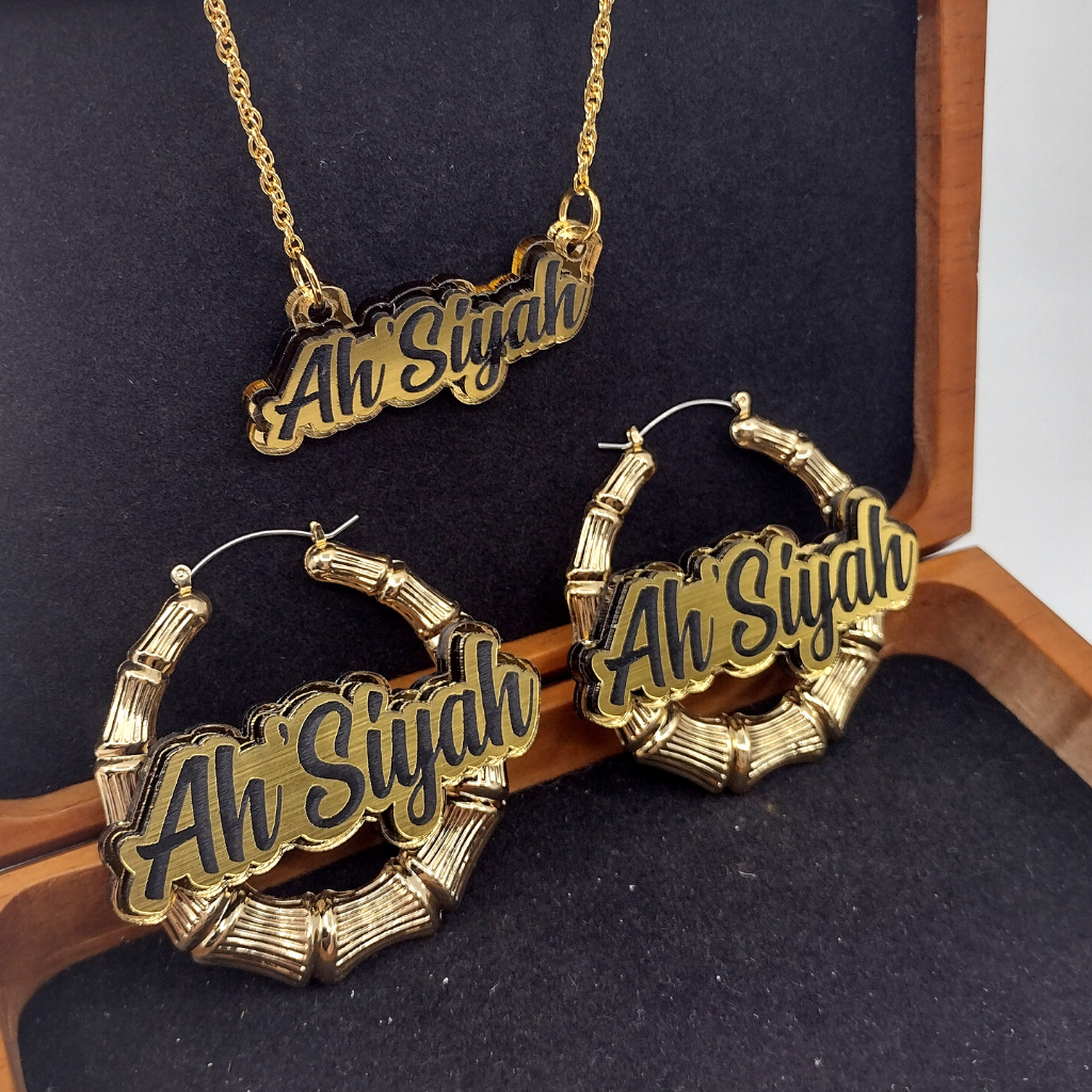 Custom Gold Hoop Earrings and a Name Necklace, Personalized Name, Hand-made Jewelry Set