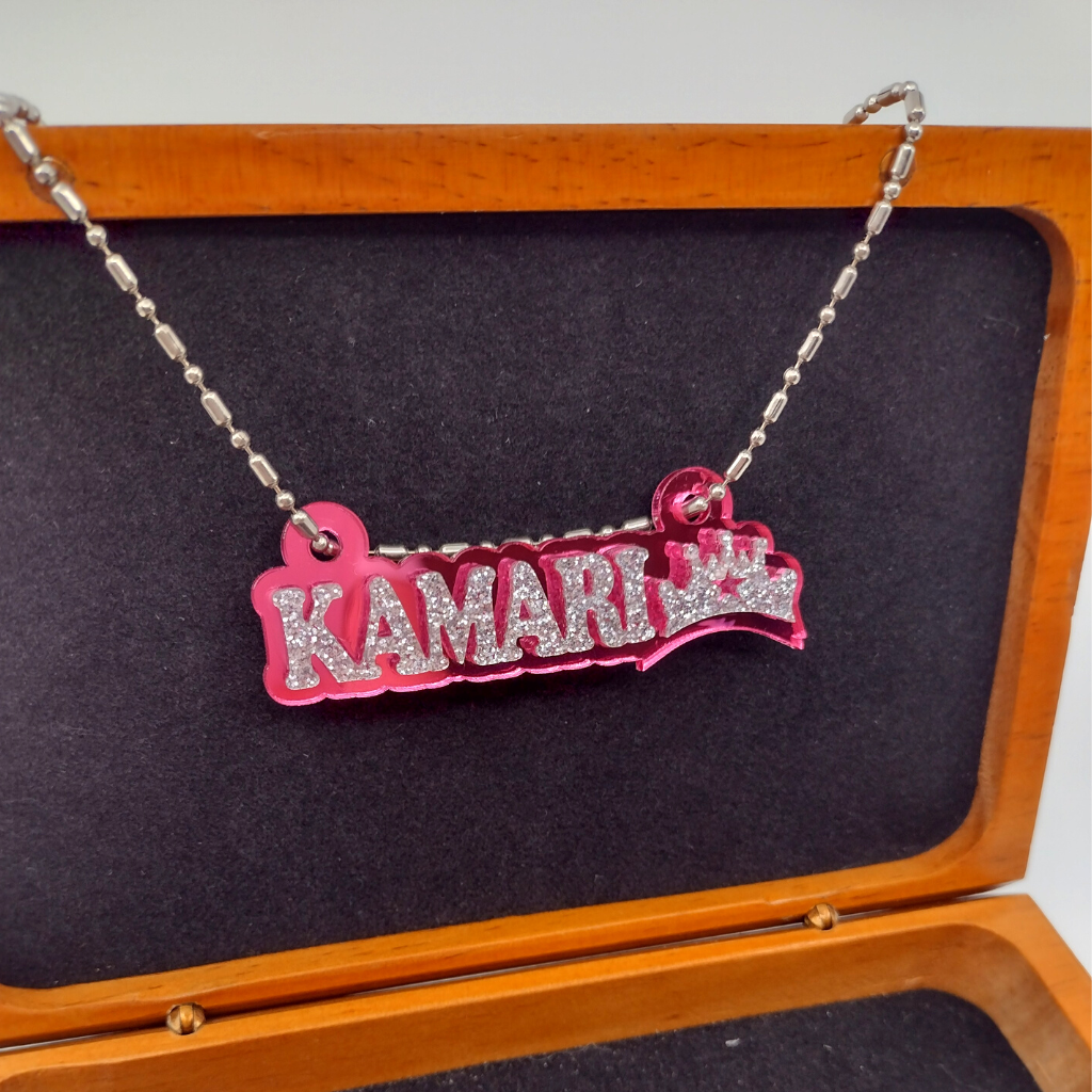 Custom Crown Name Necklace, Personalized Glitter Name Necklace