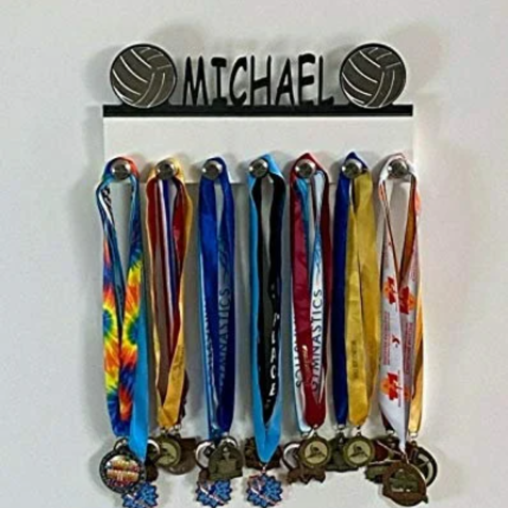 Volleyball Personalized Sports Medal Holder, Handmade Wall Organizer, Storage Space for Your Living Space