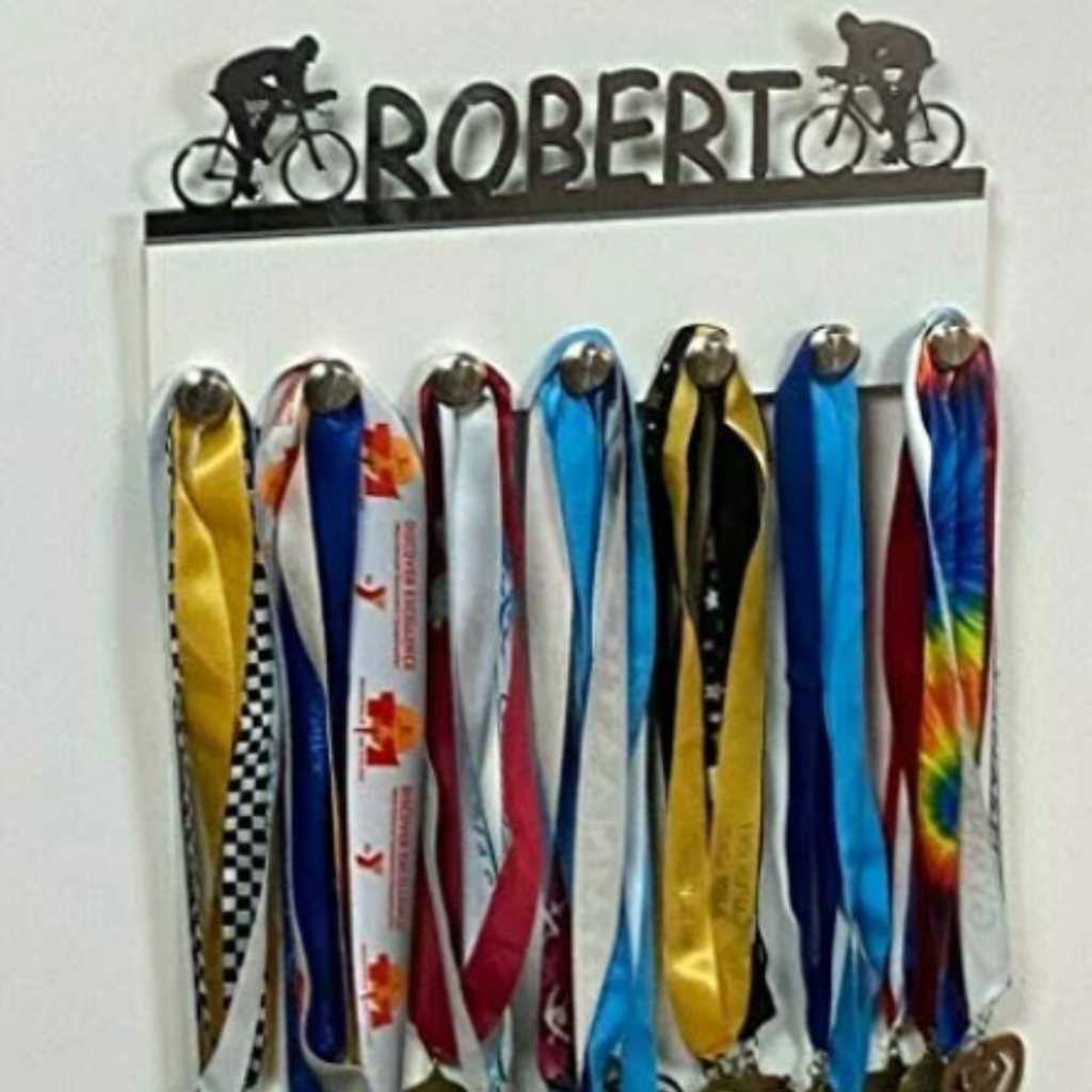 Biking Cyclists Personalized Medal Holder, Handmade Wall Organizer, Storage Space for Your Living Space