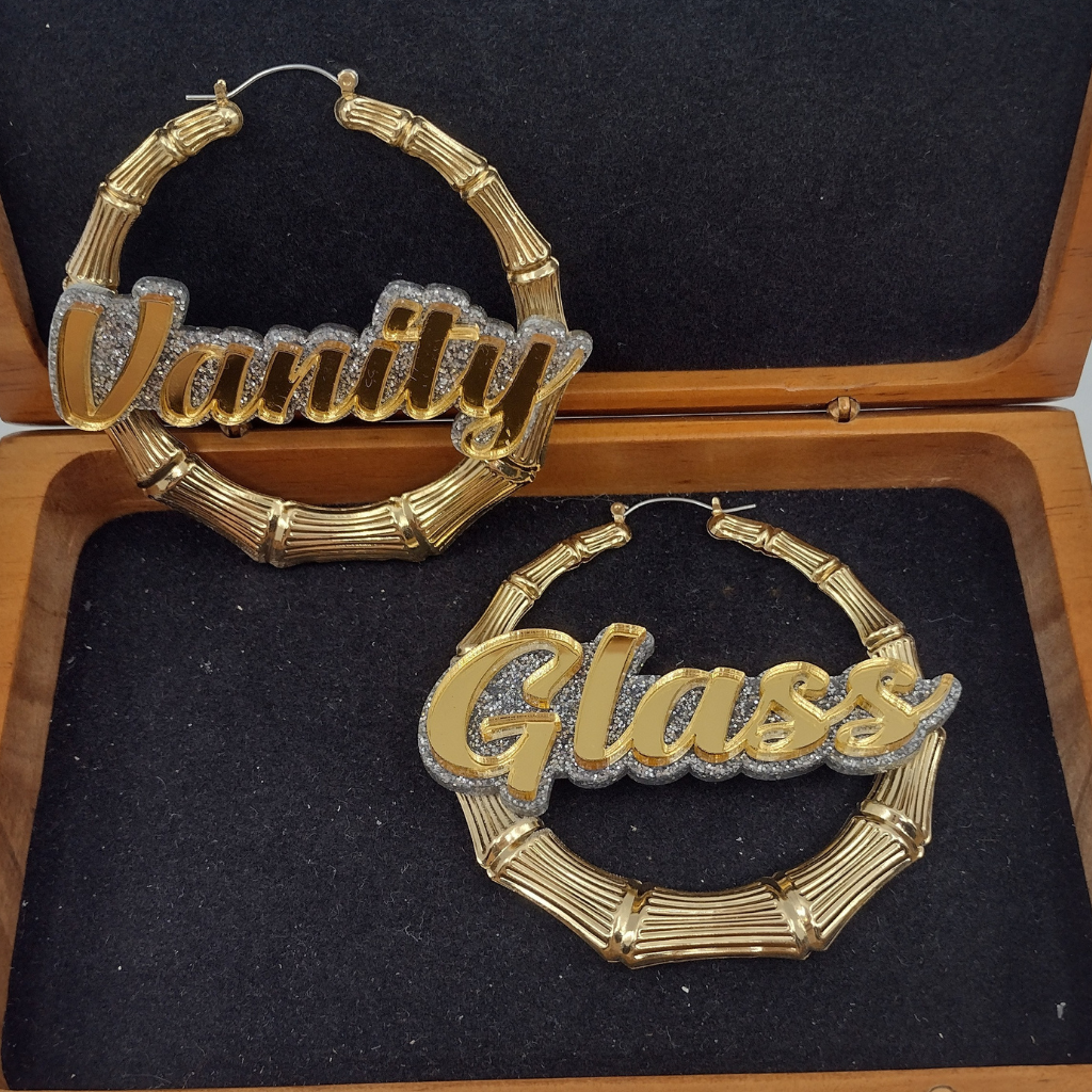Custom Name and Silver Glitter Background Gold Bamboo Hoop Earrings