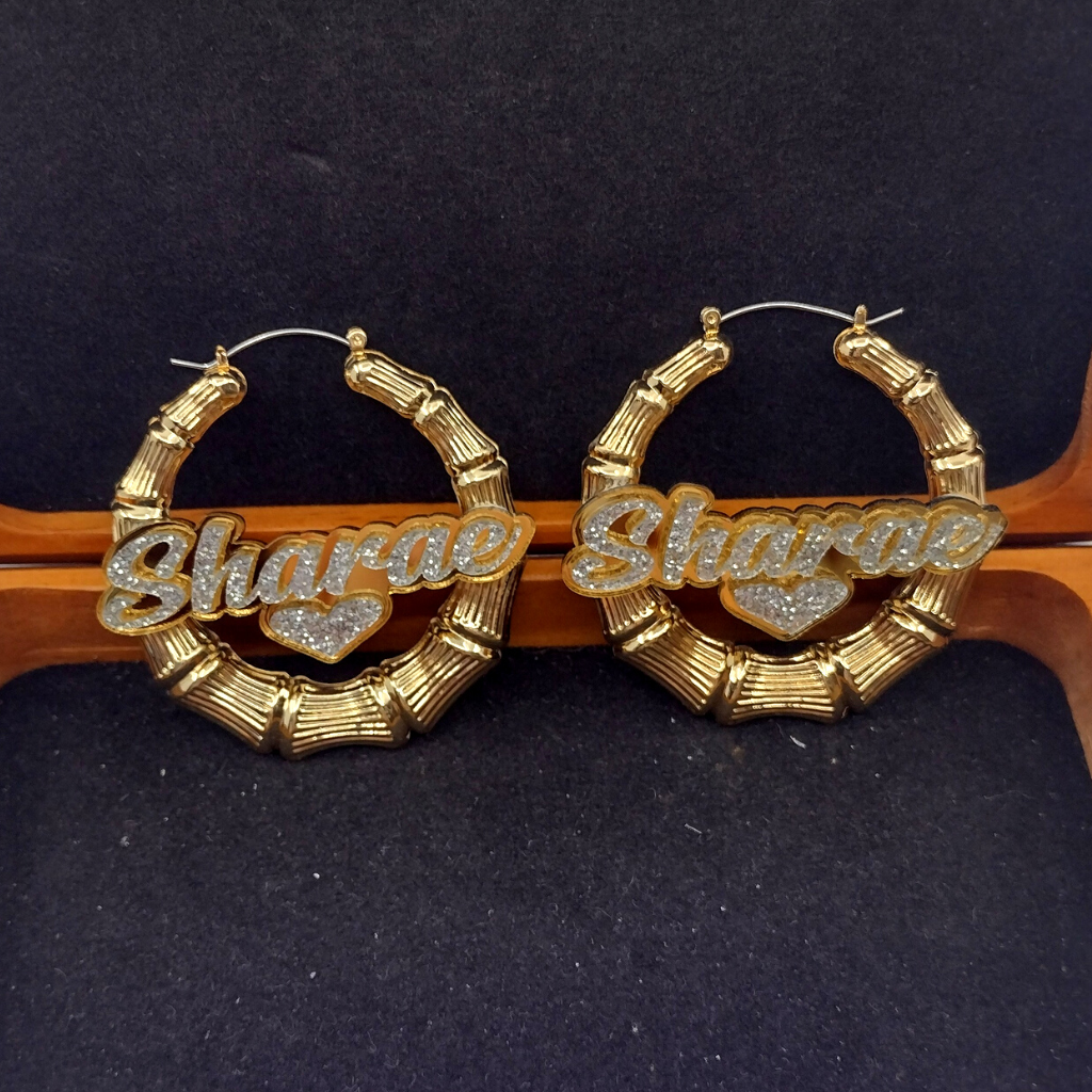 Custom Name with Heart and Background Gold Bamboo Hoop Earrings