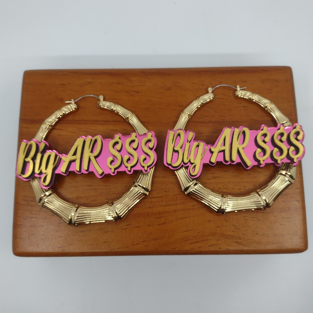 Custom Gold Bamboo Hoop Earrings and a Name Necklace, Personalized Name and Background Color, Hand-made Jewelry Set
