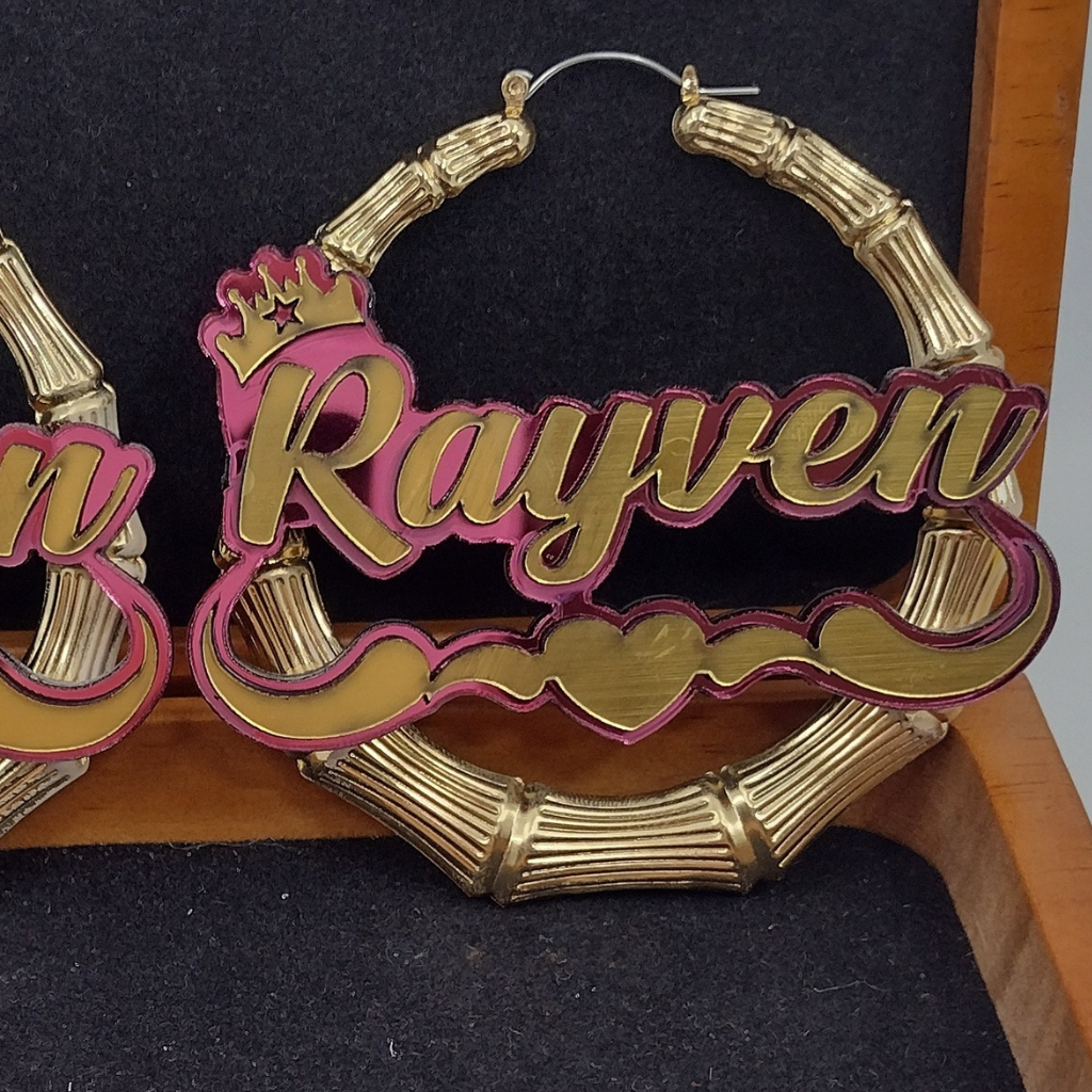 Heart and Swirl with Crown Custom Bamboo Name and Background Gold Hoop Earrings