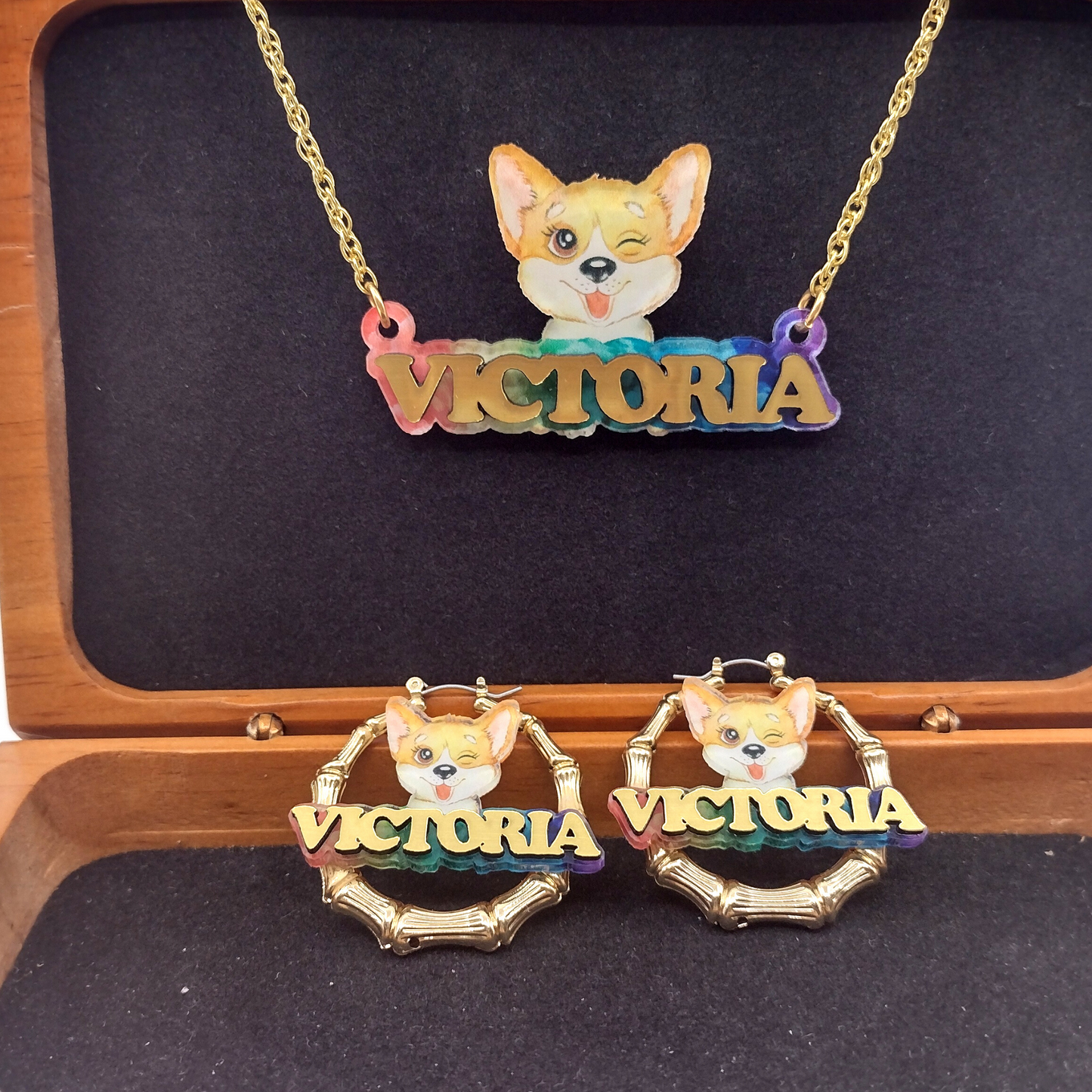 Custom Name Earrings and Necklace Jewelry Set, UV Printed, Personalized Puppy Design