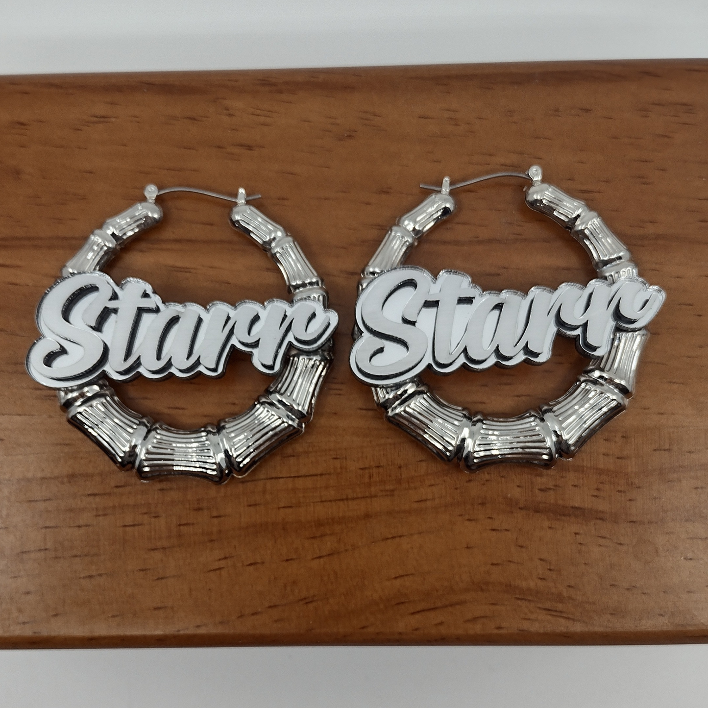 Custom Silver Hoop Earrings and a Name Necklace, Personalized Name and Background Color, Hand-made Jewelry Set