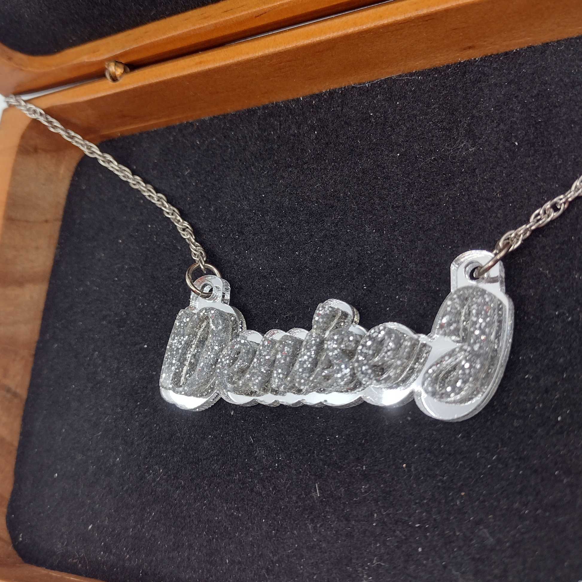 Name Necklace Plate Personalized Custom Silver Nameplate Jewelry Laser Cut Diamond Look Glitter Script Cursive Letters, Quality Silver Chain