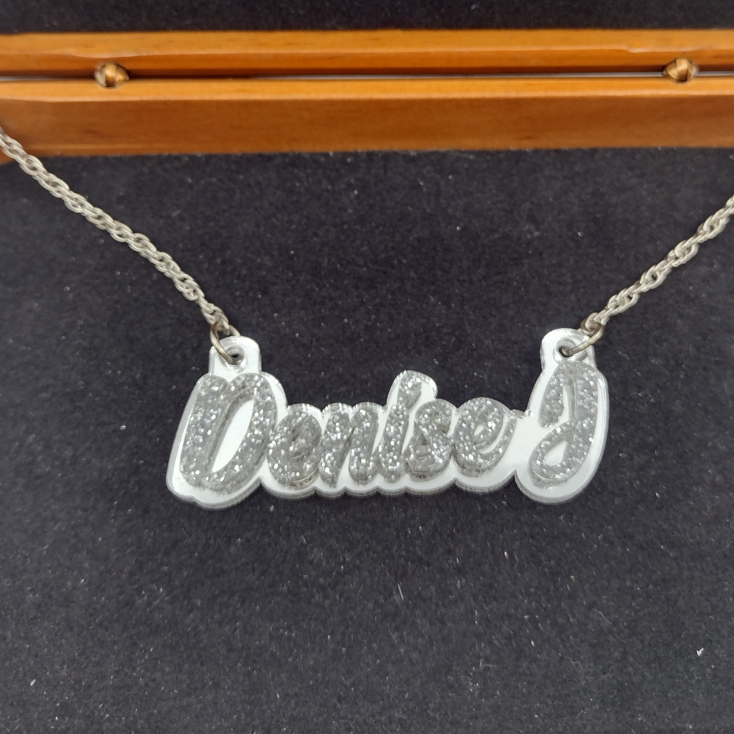 Name Necklace Plate Personalized Custom Silver Nameplate Jewelry Laser Cut Diamond Look Glitter Script Cursive Letters, Quality Silver Chain