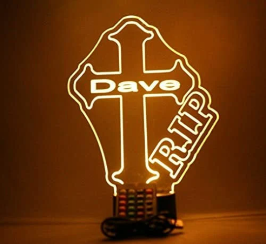 Rest In Peace Memorial Cross LED Tabletop Night Light Up Lamp, 16 Color changing options with Remote