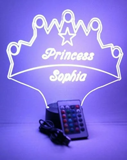Royalty Fairy Princess Crown Night Light Up Table Desk Lamp LED Personalized Free Engraved Custom Name It's Wow Remote 16 Colors, Great Gift