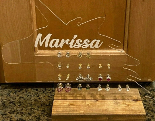 Trendy Girls Teens Woman Jewelry Earring Necklace Unicorn Organizer Stand Personalized Free Engraved Name Custom Gift With Hand Stained Wood