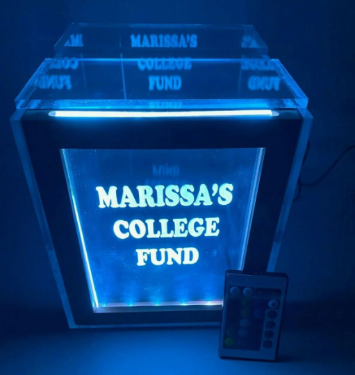 Tip Box Raffle Fund Raiser Donation Jar Fantastically Unique Eye Catching Personalized Engraved LED 16 Colors Changing 7"W x 8.5"H Container