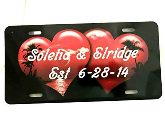 Custom Engraved Double Hearts Palm Tree Scenic License Vanity Plate