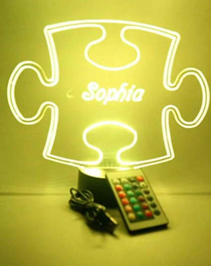 Puzzle Piece Autism LED Tabletop Night Light Up Lamp, 16 Color options with Remote