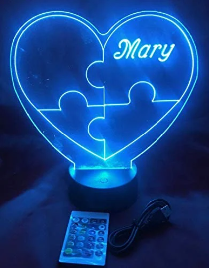 Puzzle Piece Autism Heart Night Light Up Table Desk Lamp LED Personalized Free Engraved Custom Name, It's Wow, Remote, 16 Colors, Great Gift