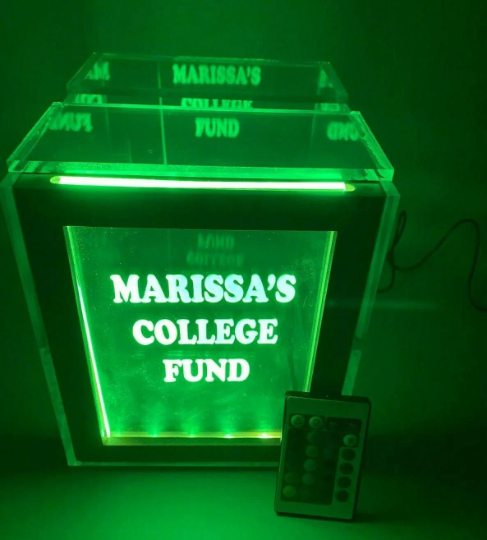 Tip Box Raffle Fund Raiser Donation Jar Fantastically Unique Eye Catching Personalized Engraved LED 16 Colors Changing 7"W x 8.5"H Container