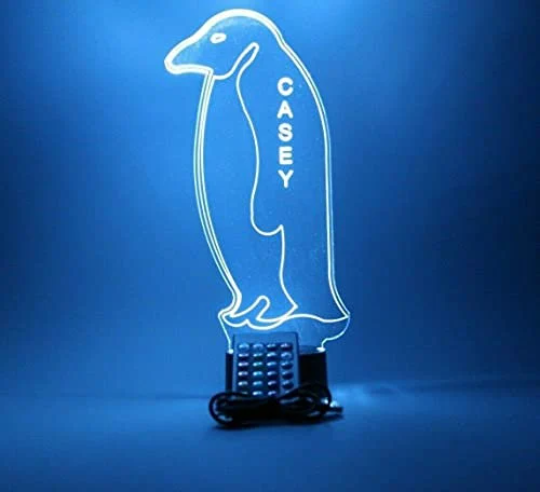Penguin Aquatic Flightless Seabirds Night Light Up Table Desk Lamp LED Personalized Free Engraved Custom Name, Remote 16 Colors, Great Gift