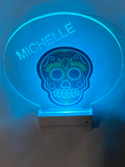 Sugar Skull Night Light Multi Color Personalized LED Room Wall Plug-in Cool-Touch Smart Dusk to Dawn Sensor, Bedroom Hallway, Bathroom, Cool