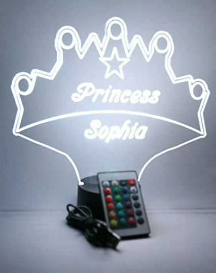 Royalty Fairy Princess Crown Night Light Up Table Desk Lamp LED Personalized Free Engraved Custom Name It's Wow Remote 16 Colors, Great Gift
