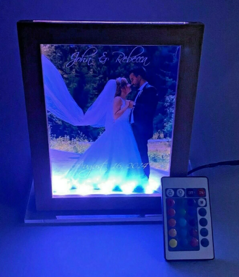 Large Custom Free Standing Picture Frame With Your Photo UV Printed, LED Table Light Personalized Laser Engraved With Remote,16 Colors