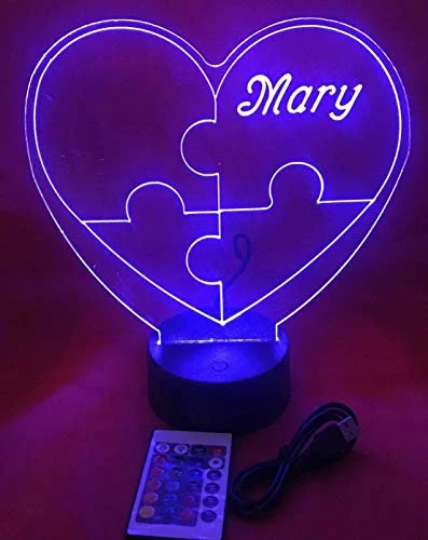 Puzzle Piece Autism Heart Night Light Up Table Desk Lamp LED Personalized Free Engraved Custom Name, It's Wow, Remote, 16 Colors, Great Gift