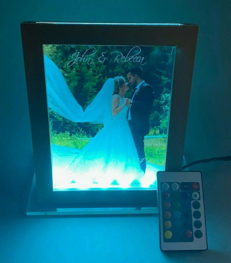 Large Custom Free Standing Picture Frame With Your Photo UV Printed, LED Table Light Personalized Laser Engraved With Remote,16 Colors