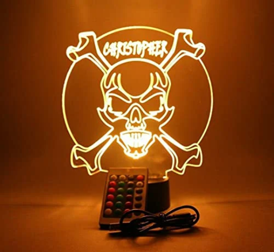 Skull Head Crossbones LED Tabletop Night Light Up Lamp 16 Color Options with Remote