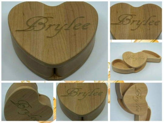Stylish Heart Shaped Maple Wooden Jewelry Box Personalized Free Engraved Gift Features Two Half-Heart Inner Compartments With Swivel Drawers