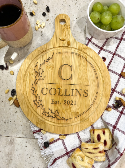 Large Charcuterie Board With Handle 13"x10" Round Premium Wood Engrave